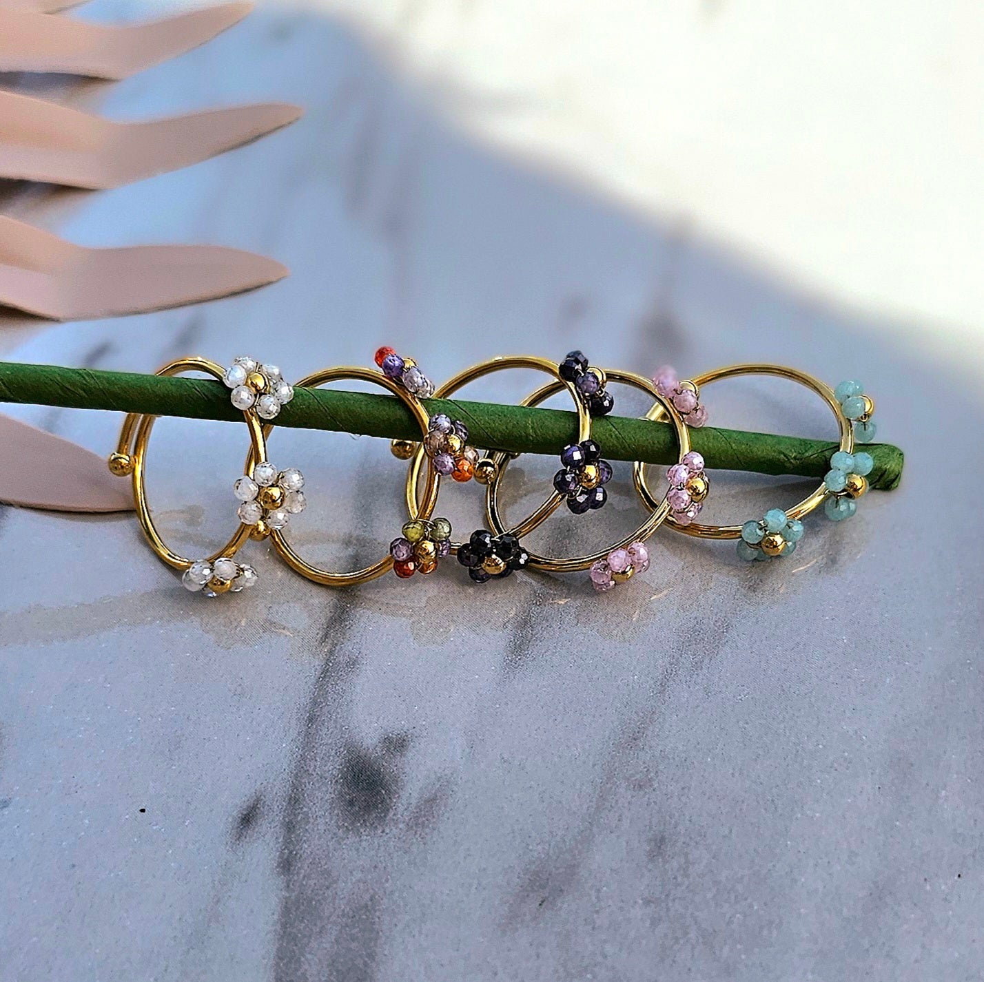 Beaded Flower Adjustable Ring | Floral Ring in White, Pink, Navy ...